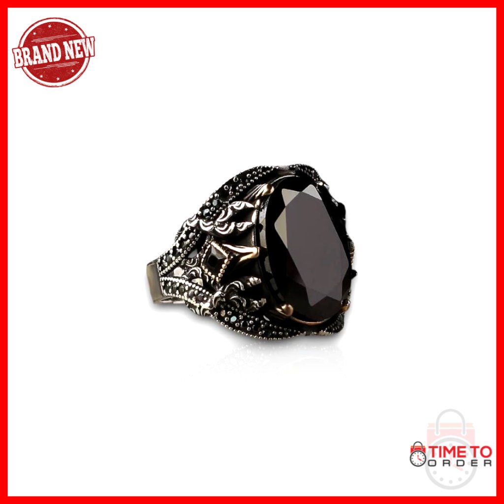Men's Sterling Silver Ring With Black Zircon Stone, Size 15, Vintage Style